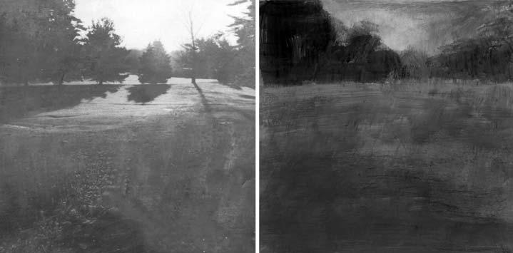 Left: A faint image taken from a photograph and printed on paper. Right: Acrylic paints have been applied over the printed image. 