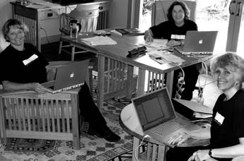 From left to right: Karin Schminke, Bonny Lhotka, and Dorothy Simpson Krause at the Whitley Center on San Juan Island, WA working on the first draft of their book in May 2003.