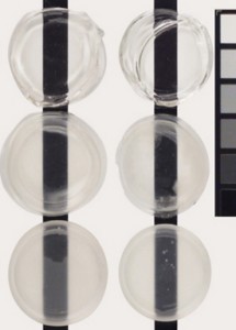 MSA films approximately 1/8 inch. From top to bottom: Gloss, Satin and Matte MSA Varnish. Left column exposed to 400 hours UVA radiation. Right side unexposed control.