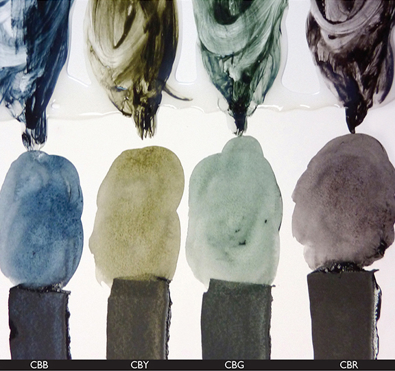 Four Chromatic Blacks showing undertones via thin film, washes and glazes from bottom to the top.