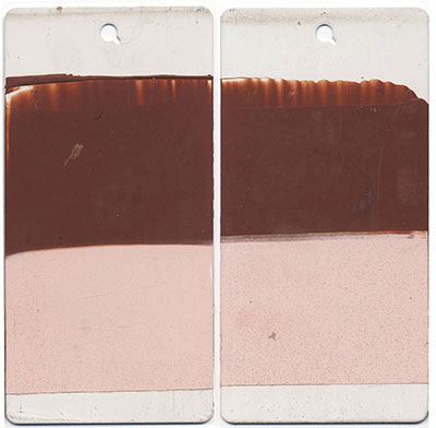 Burnt Sienna. 10 mil. Masstone and 10:1 tint. Unvarnished. Left is unexposed, right after 3 year exposure.