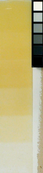 This 18-year-old naturally aged sample of acrylic gel medium on canvas over gesso was prepared in 1992. The thinnest sections retain significant clarity.