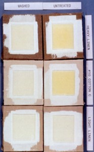 Discoloration of gel medium caused by components in the canvas being absorbed by the wet gel medium. The linen and cotton canvas (left) was washed before applying the gesso and gel medium. Approximately 1/8 inch thick.