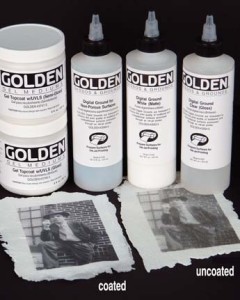 Examples of coated and uncoated ink-jet prints on GOLDEN Coarse Molding Paste on cheesecloth.