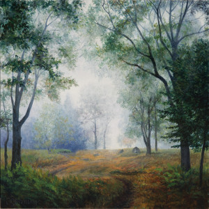 Fog on the overlook, after sunrise in early September (series: in the woods), acrylic on gessoed hardboard, 12" x 12"