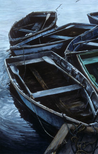 Winter Harbor, Rowboats at Sunset (Series: Maine, Winter Harbor and Schoodic Peninsula), transparent watercolor on cold presses watercolor paper, 26 3/4" x 17 5/8"