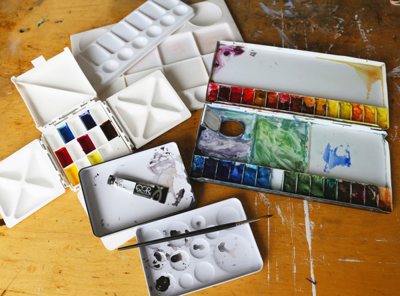 Various watercolor palettes.