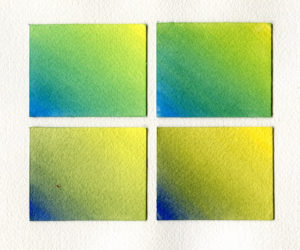 Mixing greens with QoR. Top left: Manganese Blue + Cadmium Yellow Primrose; Top right: Manganese Blue + Cadmium Yellow Medium. Bottom left: Ultramarine Blue + Cadmium Yellow Primrose; Bottom right: Ultramarine Blue + Cadmium Yellow Medium.