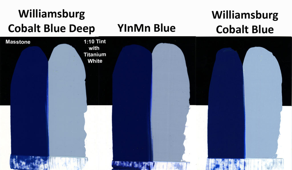 Comparison of Williamsburg's Cobalt Blue Deep. Cobalt Blue, and a trial batch of YInMn Blue