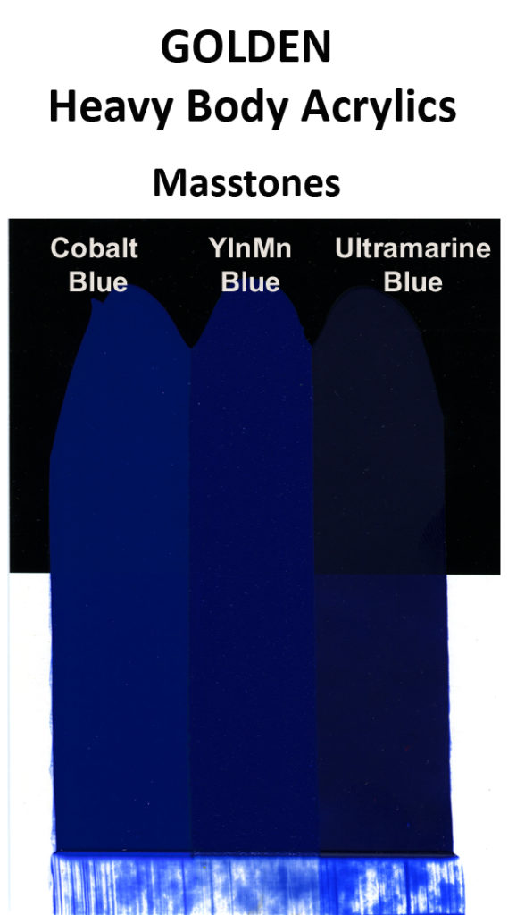 Comparison of GOLDEN Heavy Body Cobalt Blue, Ultramarine Blue, and a trial batch of YInMn Blue