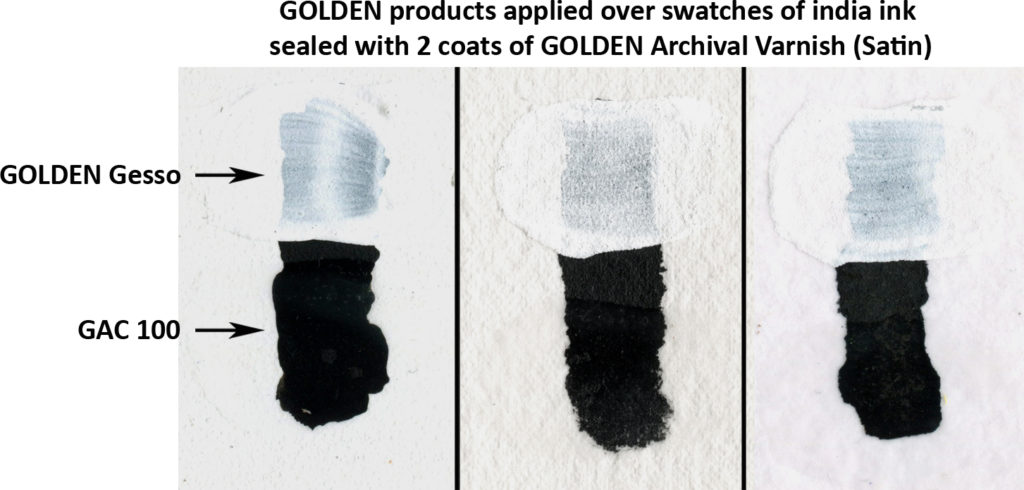 Golden products applied over india ink coated with 2 coats of Archival Varnish