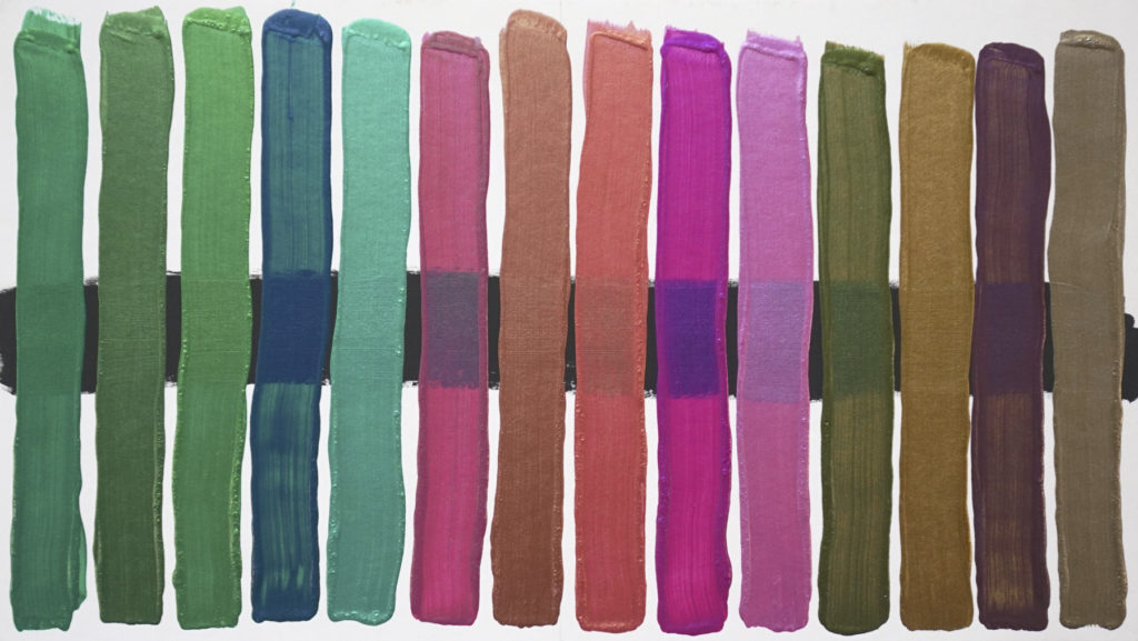From left to right, 1:1 mixtures of Phthalo Green (blue shade), Quinacridone Magenta and Van Dyke Brown with Interference Green, Iridescent Bronze(Fine), Iridescent Gold(Fine), Interference Violet and Iridescent Pearl(Fine). I left out the Iridescent Gold (Fine) with the Van Dyke Brown mixtures.