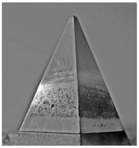 The aluminum apex (9” x 5”) from the Washington Monument was cast by William Frishmuth of Philadelphia, the only domestic producer of the ore. At that time, it was a rare metal more valuable than silver. 