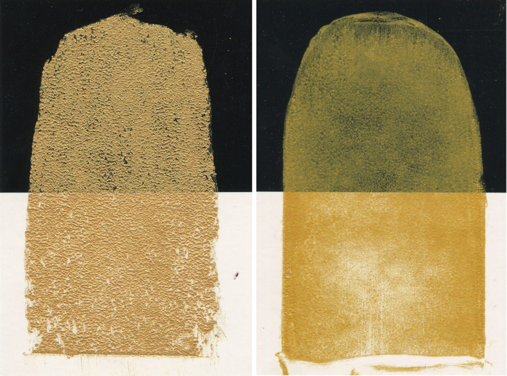 (Left) Iridescent Pale Gold (Right) Iridescent Pale Gold thinned with Odorless Mineral Spirits