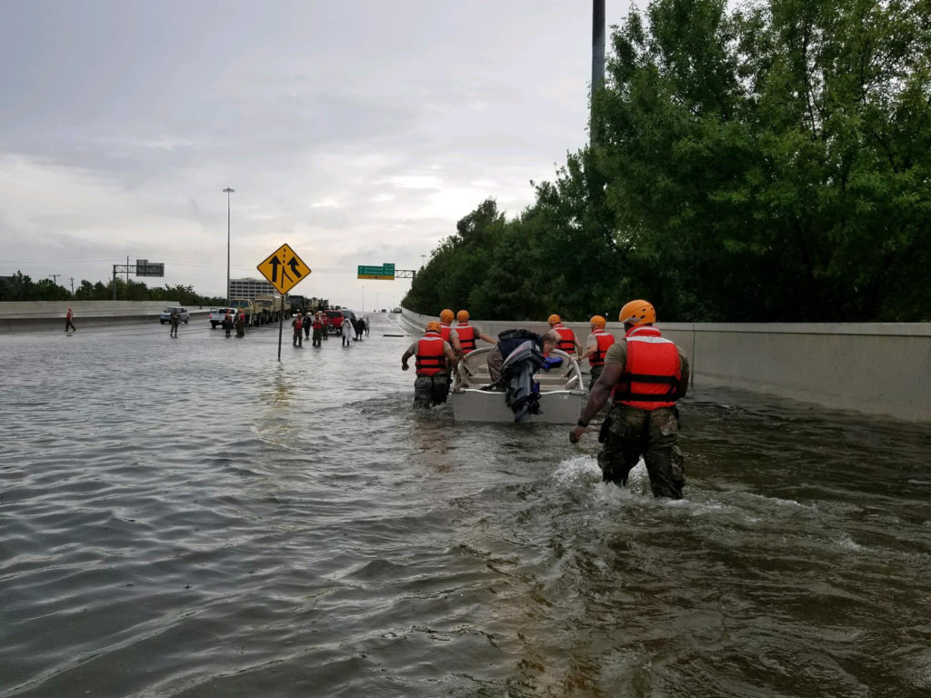 Texas National Guard soldiers arrive in Houston to aid residents in heavily flooded areas from the storms of Hurricane Harvey, Aug. 27, 2017. Texas Army National Guard photo by 1st Lt. Zachary West