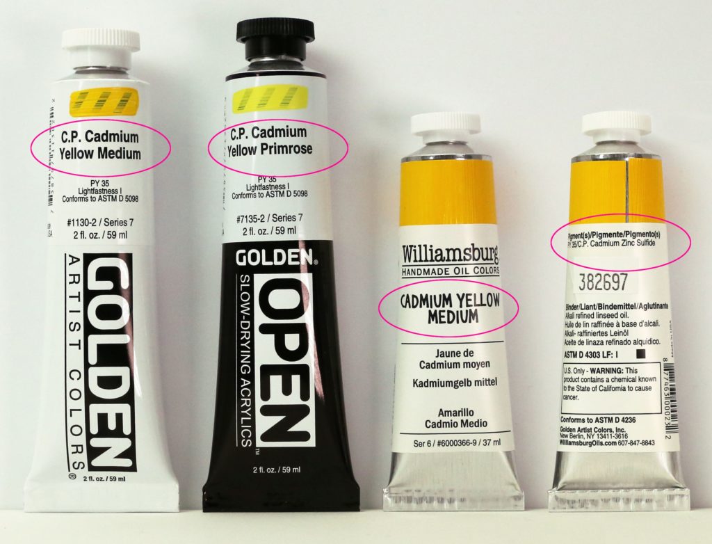 C.P. Cadmium on tubes of GOLDEN Acrylics and Williamsburg Handmade Oil Colors