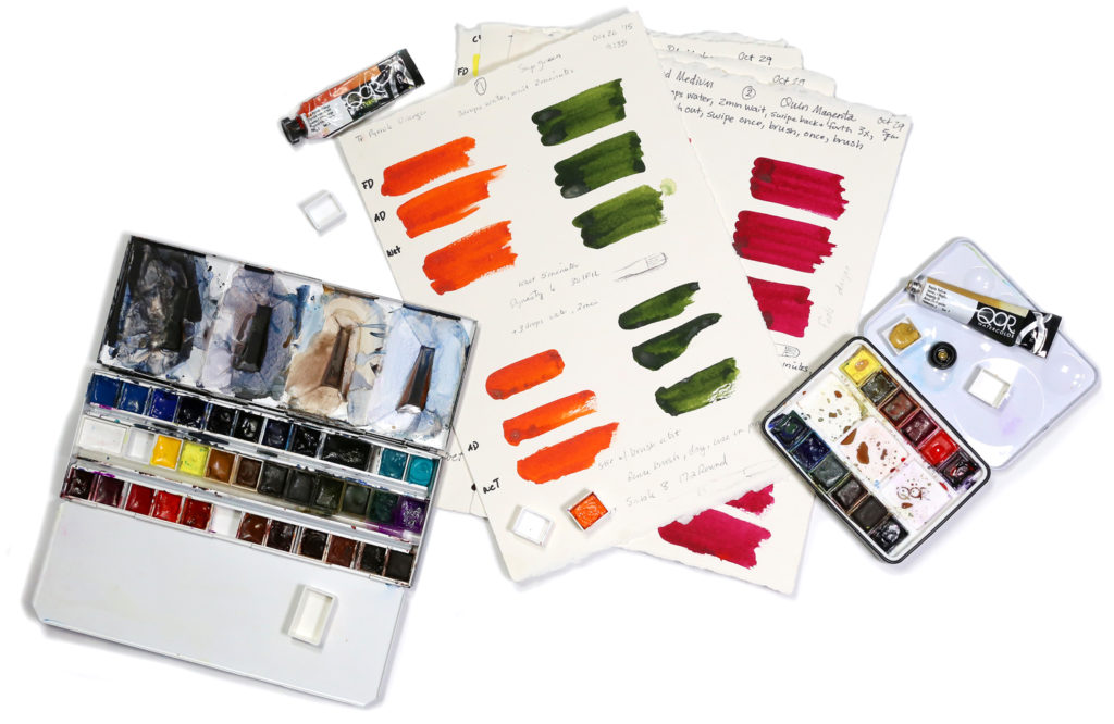 watercolor paint tests and watercolor travel sets