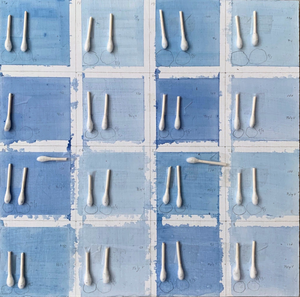 A test panel showing High Flow Indigo Blue (Anthraquinone) and Fluid Anthraquinone Blue mixed 1:20 and 1:100 with a blend of 1 part GOLDEN Acrylic Medium and either 5 or 10 parts water.