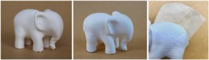 ABS FDM-printed elephant coated with Molding Paste and Sandable Hard Gesso (middle image) and adhesion test showing good – adequate adhesion of the Sandable Hard Gesso (right image).