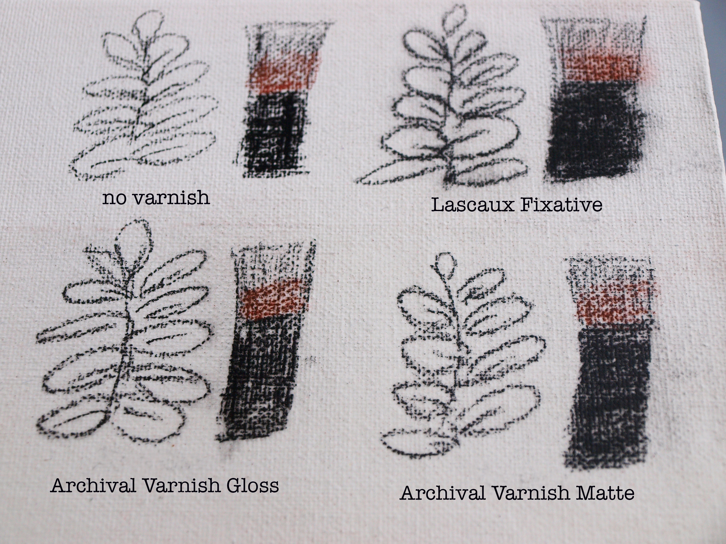 Faber Castell Polychromos pastels on Golden Pastel Ground, without varnish (top left), Lauscaux Fixative (top right), Archival Varnish Gloss (bottom left), and Archival Varnish Gloss + Archival Varnish Matte (bottom right).