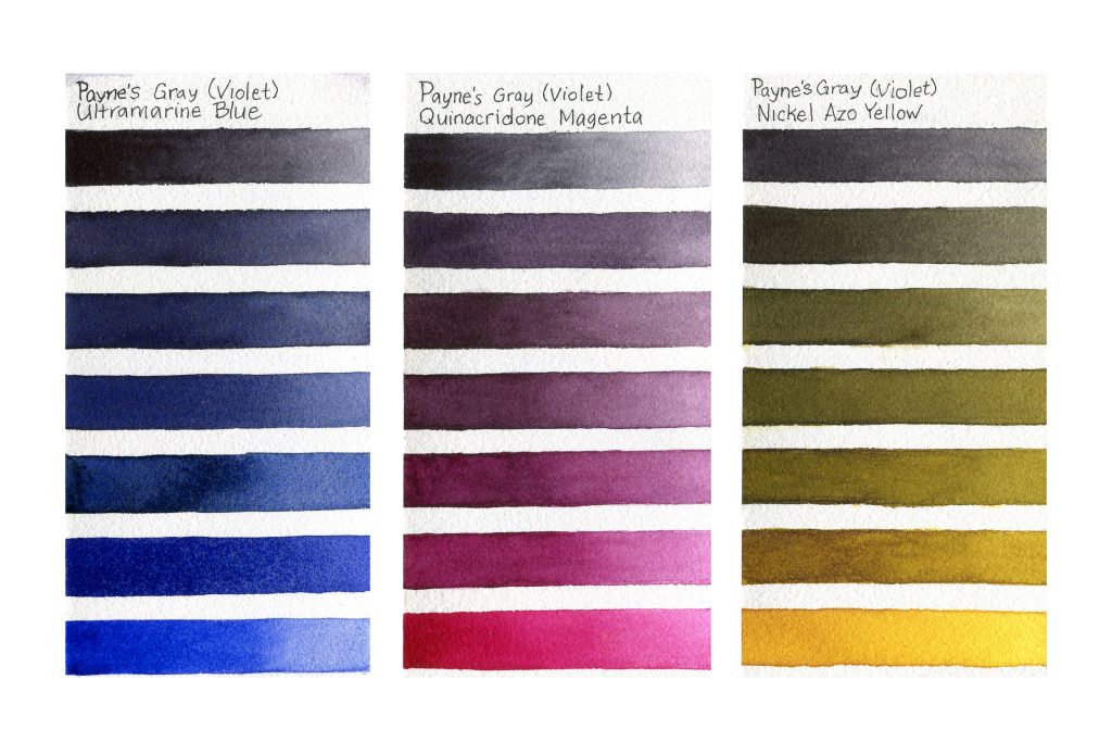 to of separate watercolor mixing tests showing QoR Payne's Gray (Violet) mixed with QoR Ultramarine Blue, Quinacridone Magenta, and Nickel Azo Yellow