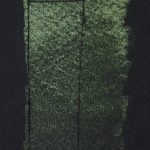 QoR Interference Green-Orange color shift watercolor lightfast test result photograph of a 25 water to 1 paint dilution on cold pressed black watercolor paper.