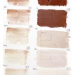 QoR Iridescent Copper watercolor lightfast test results photograph, water dilutions on left and mixes with Titanium White on right. Painted on cold pressed watercolor paper.