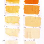 QoR Isoindolinone Yellow watercolor lightfast testing results photograph, dilutions with water on the left and mixes with Titanium White on the right. Painted on cold pressed watercolor paper.