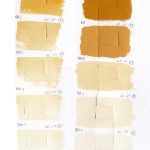 QoR Naples Yellow Deep watercolor lightfast test result photograph, dilutions with water on the left and mixes with Titanium White on the right. Painted on cold pressed watercolor paper.