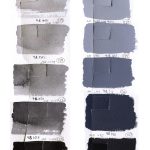 QoR Payne's Gray Violet watercolor lightfast test result photograph, water dilution on left and mixes with Titanium White on right. Painted on cold pressed watercolor paper.