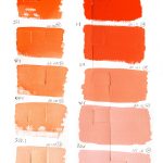 QoR Pyrrole Orange watercolor lightfast test result photograph, water dilution on left and mixes with Titanium White on right on cold press watercolor paper.