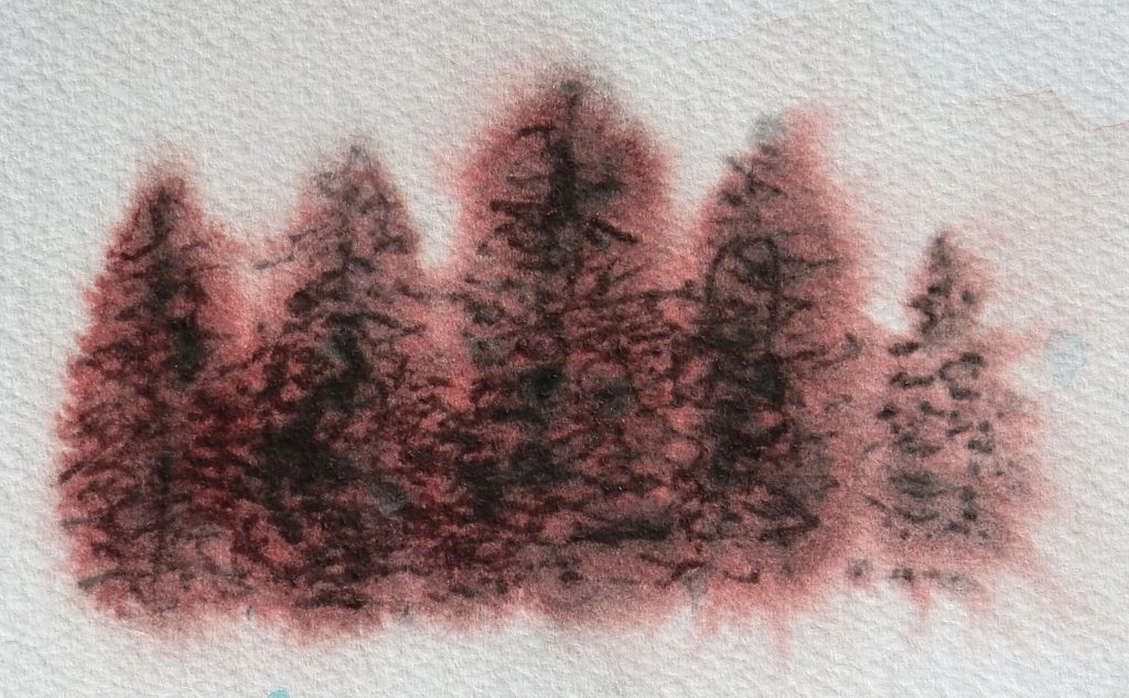 image of test painting trees with 2 QoR Watercolor paints in a single marker applied to wet cold pressed paper