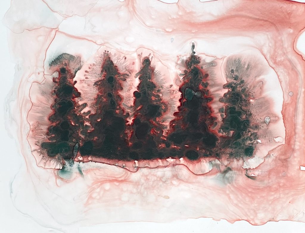 image of test painting trees with 2 QoR Watercolor paints in a single marker applied to wet YUPO paper