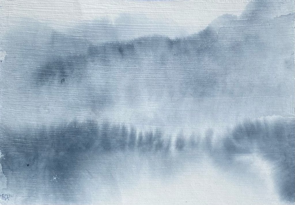 image of foggy day, test of diluted QoR Payne's Gray Watercolor and a marker filled with water applied to a wet QoR Watercolor Ground surface