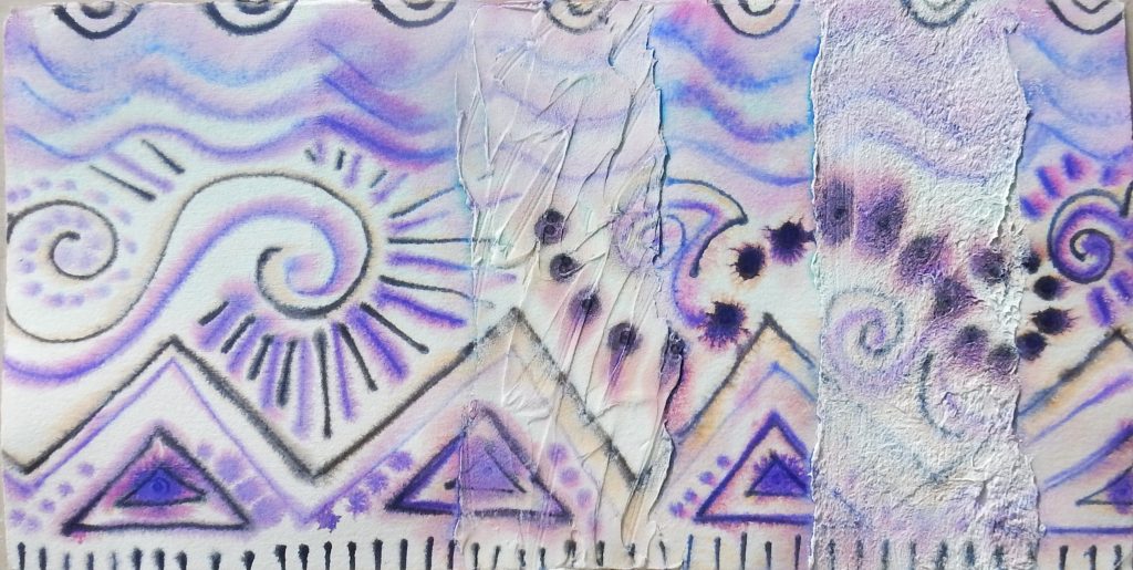 image of a painting test of QoR in markers applied over a wet surface of a cold press watercolor paper with a stripe each of QoR Watercolor Ground, QoR Light Dimensional Ground, and QoR Cold Press Ground. Each maker contained 2 watercolors whose colors separated on the wet surface.